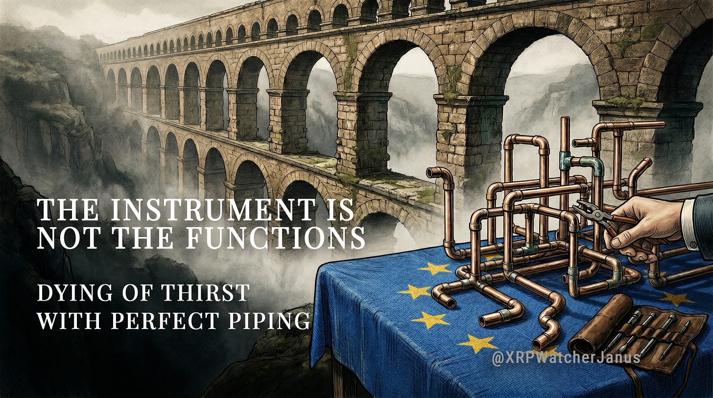 Ancient Roman aqueduct towering over disconnected modern copper pipes. Frame: adopting global neutral settlement versus building domestic walled gardens.