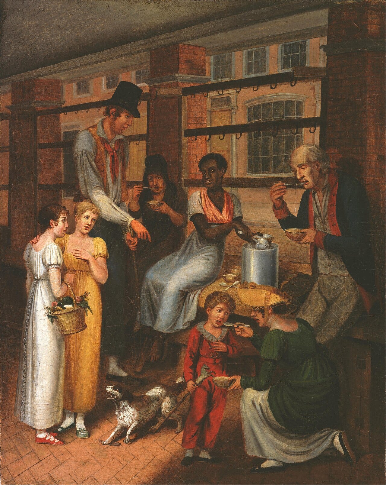 A Black woman ladling pepper-pot soup from a metal pot under a market shed in Philadelphia, with customers crowded around her, painted by John Lewis Krimmel A Black woman ladling pepper-pot soup from a metal pot under a market shed in Philadelphia, with customers crowded around her, painted by John Lewis Krimmel