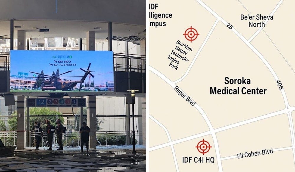 The impact site of an Iranian missiles targeting a military facility in Tel Aviv, next to a map detailing the military facilities placed next to Soroka Medical Center, June 19, 2025 (X/ @araghchi) The impact site of an Iranian missiles targeting a military facility in Tel Aviv, next to a map detailing the military facilities placed next to Soroka Medical Center, June 19, 2025 (X/ @araghchi)