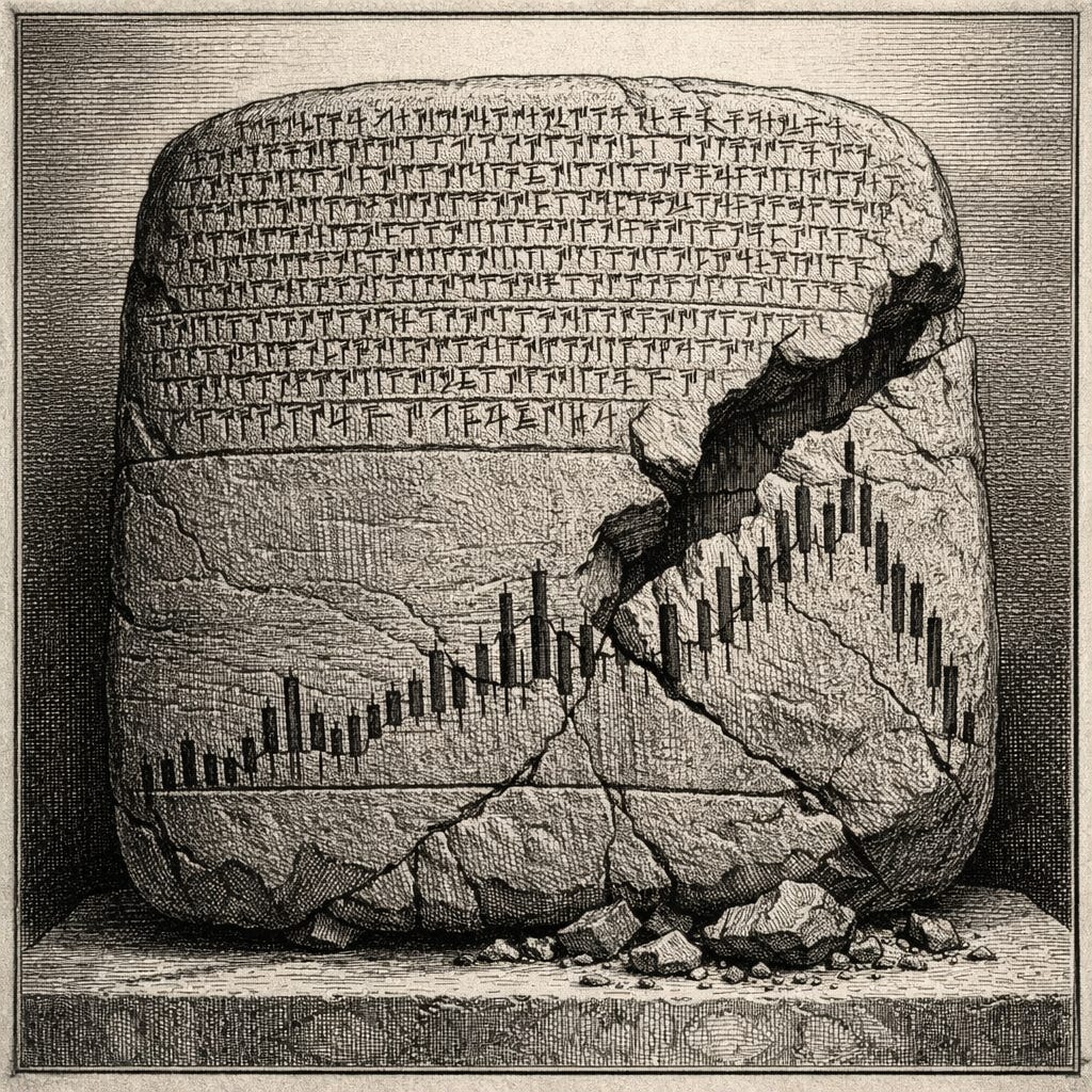 Black-and-white archaeological-style engraving of a cracked ancient clay tablet on a stone base, covered with dense inscription-like marks above and a carved financial chart below that rises, turns unstable, and breaks across a damaged section of the tablet. Black-and-white archaeological-style engraving of a cracked ancient clay tablet on a stone base, covered with dense inscription-like marks above and a carved financial chart below that rises, turns unstable, and breaks across a damaged section of the tablet.
