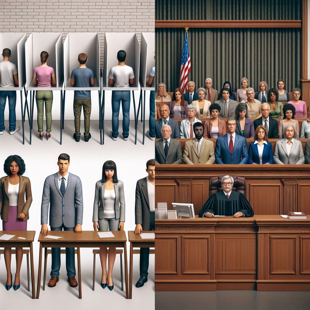 AI-generated image of voters and jurors via Microsoft Copilot.