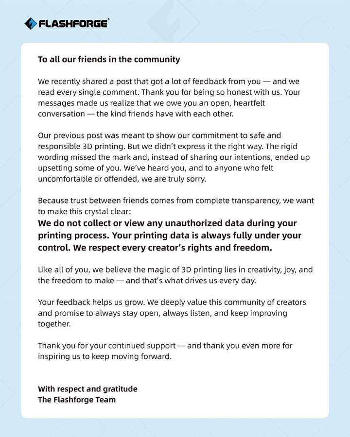 A rectangular image with a blue diamond-shaped Flashforge logo in the top left corner on a white background. The main content is a block of black text detailing a thank you message to users for feedback on safety and transparency in 3D printing. The text discusses commitment to user control over print data and the value of community input. At the bottom, it is signed by The Flashforge Team in bold.