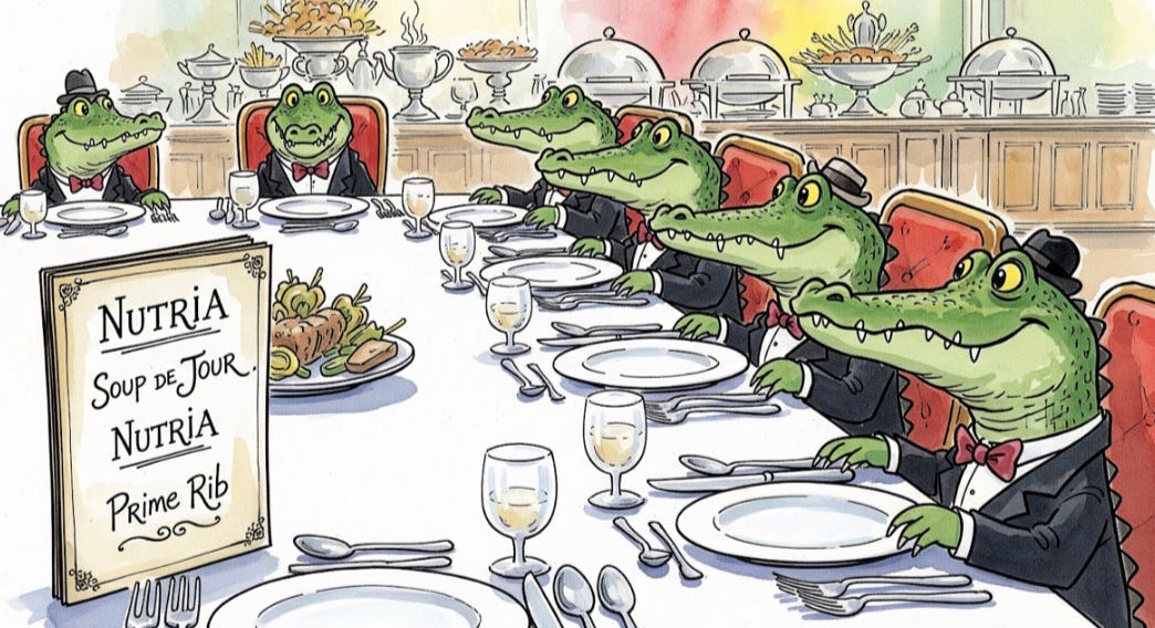 Hungry gators all looking forward to a Nutria fine dining meal.