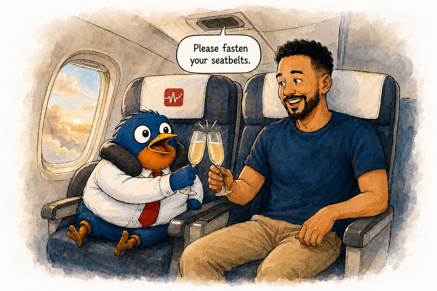 Jesse and the Travel Search Pulse bird toast with prosecco in their plane seats as the intercom announces: please fasten your seatbelts. Jesse and the Travel Search Pulse bird toast with prosecco in their plane seats as the intercom announces: please fasten your seatbelts.
