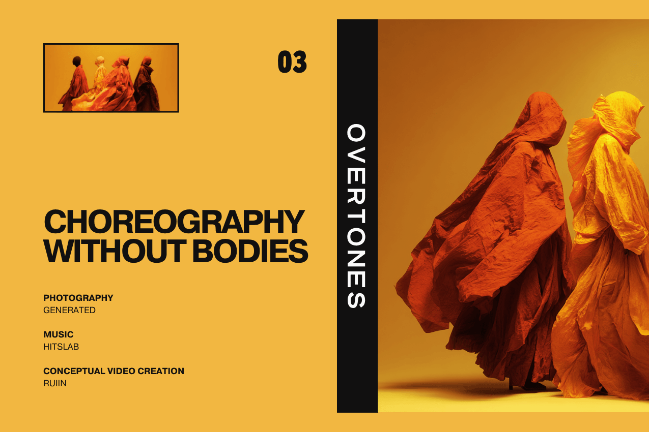 Cover for the short film "Choreography Without Bodies": Women draped in voluminous, textured fabrics in shades of marigold and rust, captured in a state of fluid, abstract motion. The layout features an ochre field with a secondary inset image in the top-left and minimalist production credits in the bottom-left. Part of the Overtones series at The Subtext Review.