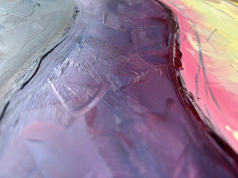 Oil painting in purple, pink, yellow and blue