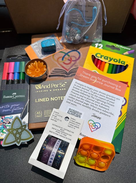 journal and supplies in cardboard box