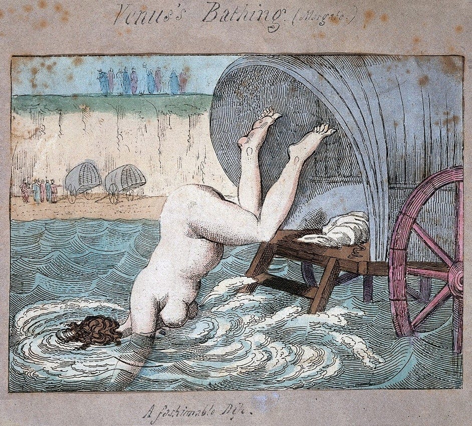 Nude Regency woman diving into the sea from a bathing machine. 