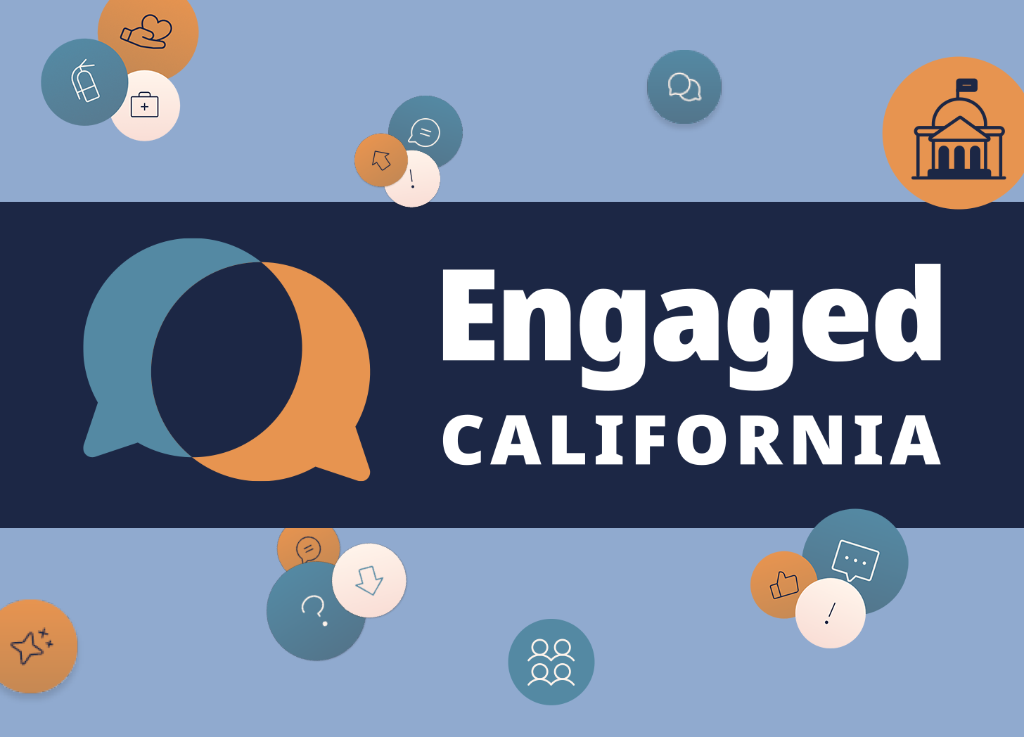 A banner image with "Engaged CALIFORNIA" in large white text on a dark blue background. The logo features two overlapping speech bubbles in teal and orange. Various circular icons are scattered around the image on a light blue background, including symbols for locks, medical crosses, cursors, chat bubbles, government buildings, downloads, people groups, stars, and other interface elements in teal, orange, and white colors