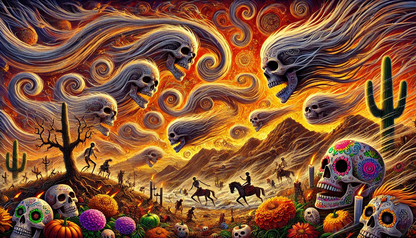 A dramatic depiction of the 'devil winds' (Santa Ana winds) in a Day of the Dead style. The scene shows swirling, fiery winds with skeletons and skull motifs integrated into the gusts, creating a sense of eerie movement. The background includes desert mountains, dry brush, and a blazing orange sky. Colorful, traditional Day of the Dead elements like marigold flowers, ornate sugar skull designs, and candles are subtly woven into the chaotic winds. The overall mood is haunting yet vibrant, blending the destructive power of the winds with the celebratory essence of the Day of the Dead art style.