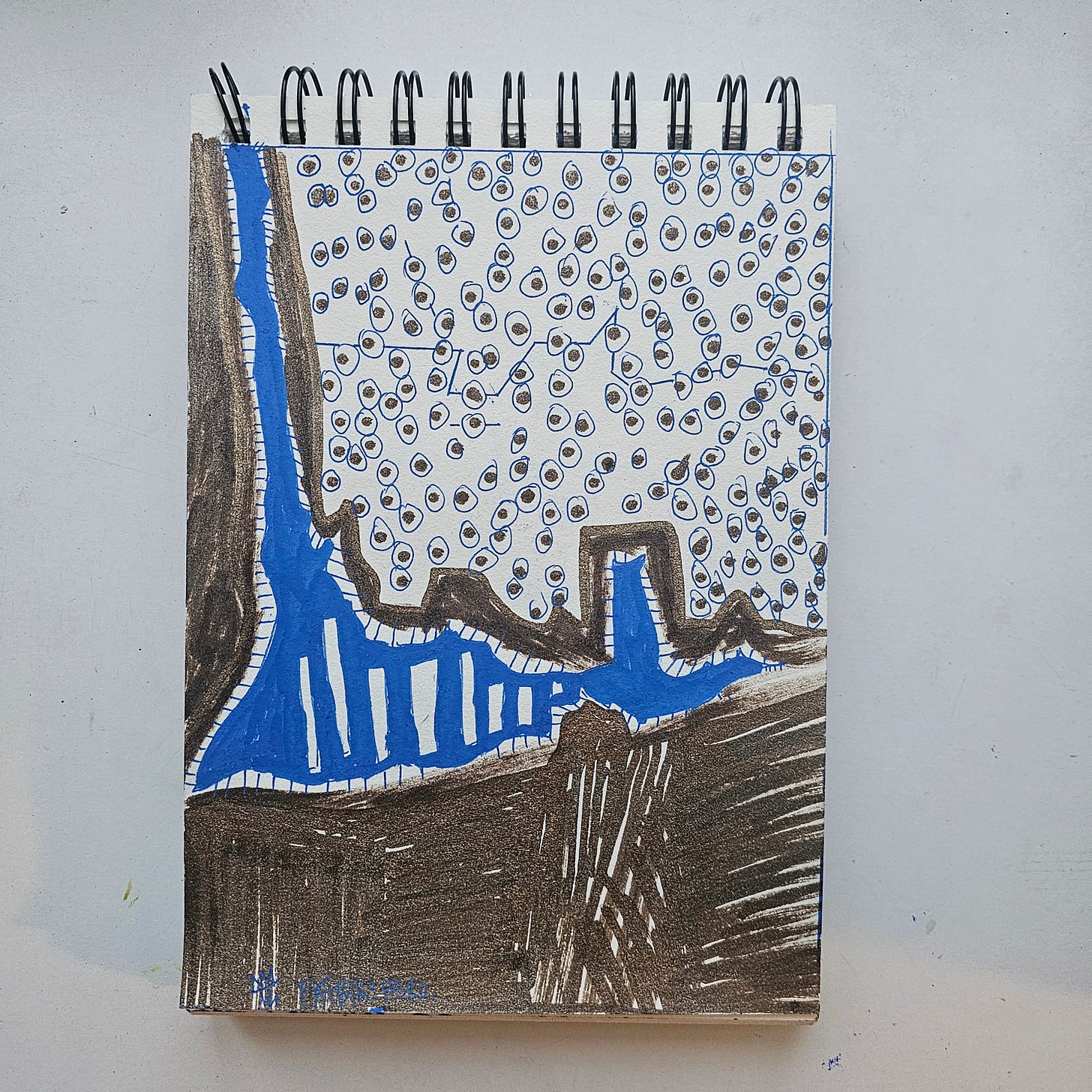 An expressive, semi-abstract sketchbook drawing by FatbikeHero (b. 1983) titled "Power A.I Plant." The artwork features a dark, metallic bronze foreground resembling industrial machinery or scorched earth, from which bright blue structures rise. The sky is filled with a dense pattern of blue circles with brown centers, representing "algorithmic pollution." The style is raw, graphic, and critical of technology.