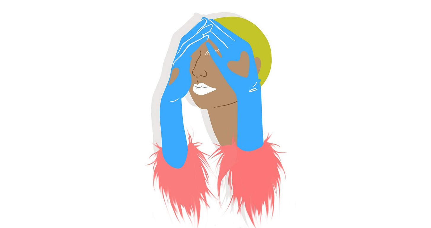 a sad person wearing feathers and gloves