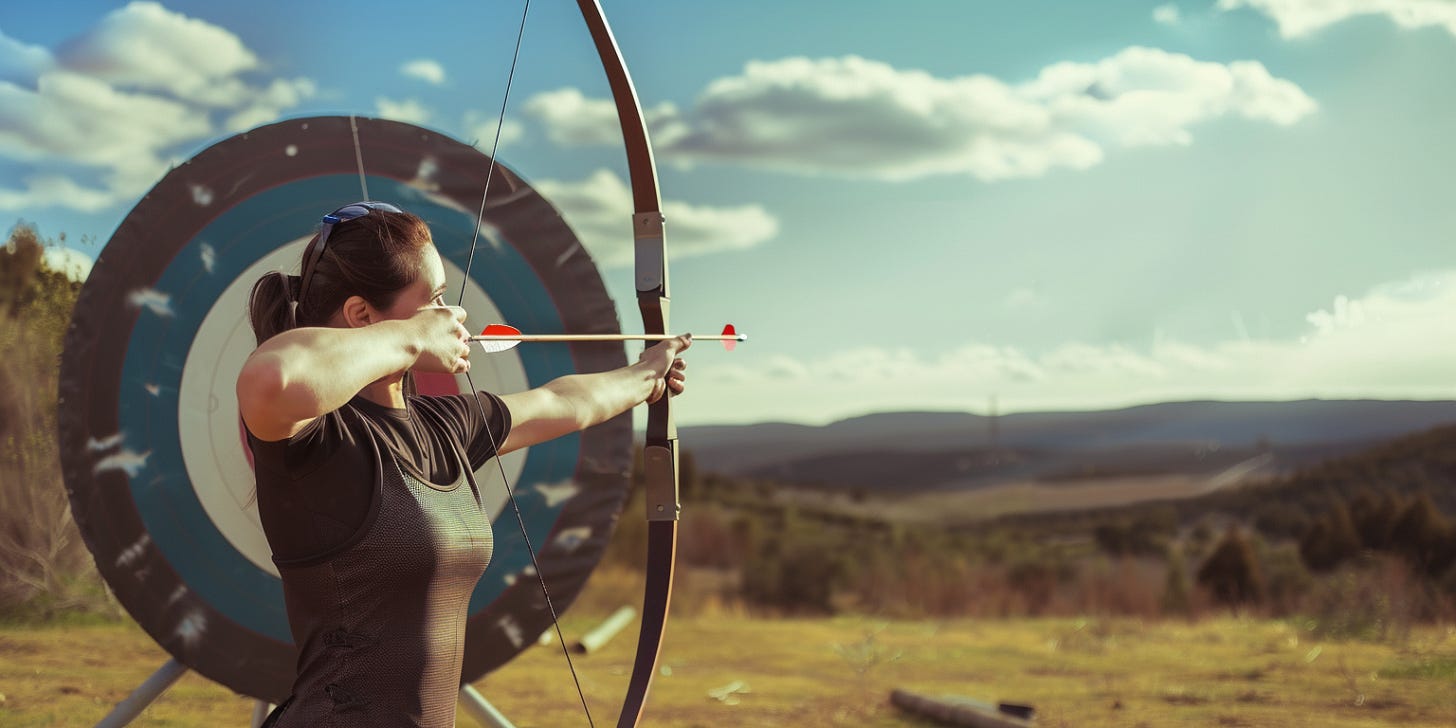 An AI-generated image showing an archer aiming far to the side of the target. An AI-generated image showing an archer aiming far to the side of the target.