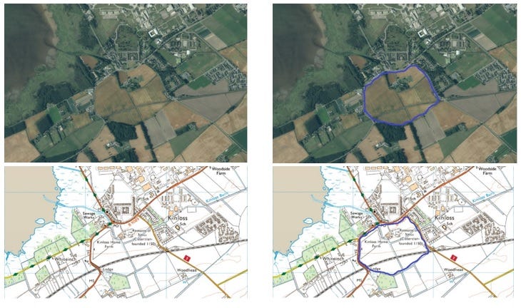 Aerial view and maps showing the outline of a large enclosure (?) around Kinloss Abbey Aerial view and maps showing the outline of a large enclosure (?) around Kinloss Abbey