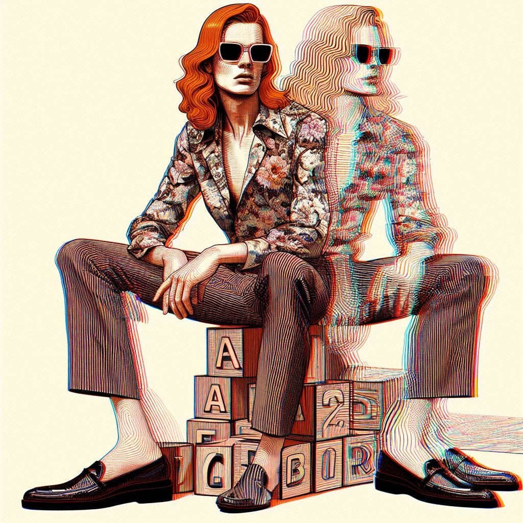 a moire glitch chryselephantine hallucinatory photograph of a photocopy of a minimalist and chic fashion illustration of a thin and lithely muscular vaguely femme red-blonde long-haired man and his psychic cannibal twin seated on alphabet blocks movie star sunglasses with an angular jawline wearing elegant 1970s half-unbuttoned modernist floral spread collar shirt sharkskin slim trousers and italian patent leather loafers a moire glitch chryselephantine hallucinatory photograph of a photocopy of a minimalist and chic fashion illustration of a thin and lithely muscular vaguely femme red-blonde long-haired man and his psychic cannibal twin seated on alphabet blocks movie star sunglasses with an angular jawline wearing elegant 1970s half-unbuttoned modernist floral spread collar shirt sharkskin slim trousers and italian patent leather loafers