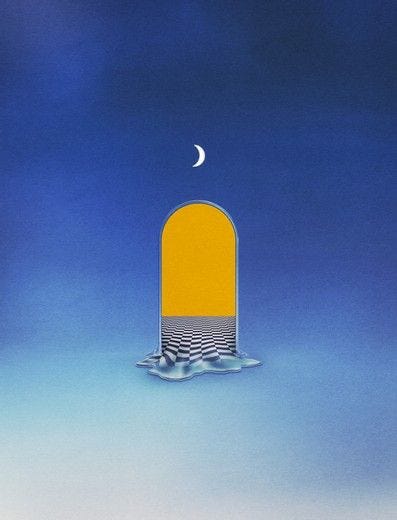 A surreal digital artwork featuring a dark blue gradient sky with a small white crescent moon above a tall, arched doorway. The doorway has a solid yellow upper half and a black-and-white checkered floor that appears to be melting into a puddle at the base. The overall composition conveys a dreamlike, otherworldly atmosphere. A surreal digital artwork featuring a dark blue gradient sky with a small white crescent moon above a tall, arched doorway. The doorway has a solid yellow upper half and a black-and-white checkered floor that appears to be melting into a puddle at the base. The overall composition conveys a dreamlike, otherworldly atmosphere.