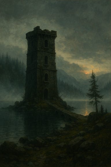 Khazan's tower stands on the misty shores of Lake Baratok. The tower is four stories tall, built of slate-gray stone, and leans slightly westward as if weary of time. Ivy coils around its base, and shattered statues lie half-buried in moss. A crumbling causeway juts from the mainland, connecting the tower to a gravel clearing. The lake is mirror-still, black and glassy, reflecting the tower's silhouette. Mist curls along the waterline, and the sky above is dim and gray. The atmosphere is quiet, eerie, and filled with forgotten magic. Khazan's tower stands on the misty shores of Lake Baratok. The tower is four stories tall, built of slate-gray stone, and leans slightly westward as if weary of time. Ivy coils around its base, and shattered statues lie half-buried in moss. A crumbling causeway juts from the mainland, connecting the tower to a gravel clearing. The lake is mirror-still, black and glassy, reflecting the tower's silhouette. Mist curls along the waterline, and the sky above is dim and gray. The atmosphere is quiet, eerie, and filled with forgotten magic.