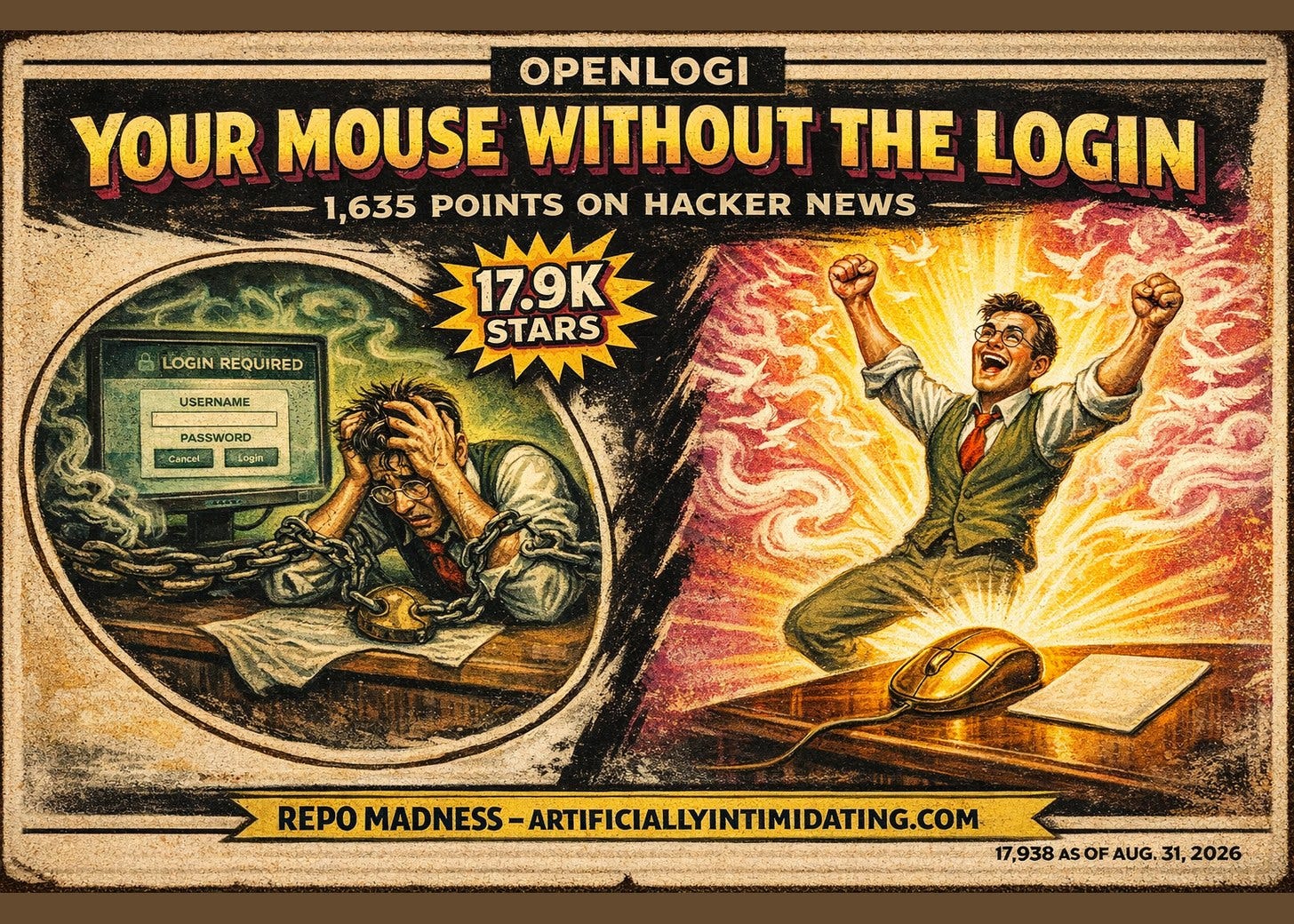 Two-panel poster. Left: a chained clerk slumped before a screen demanding a username and password. Right: the same man cheering over a small brass mouse on a bare desk. Lettering: OPENLOGI, YOUR MOUSE WITHOUT THE LOGIN, 17.9K STARS.