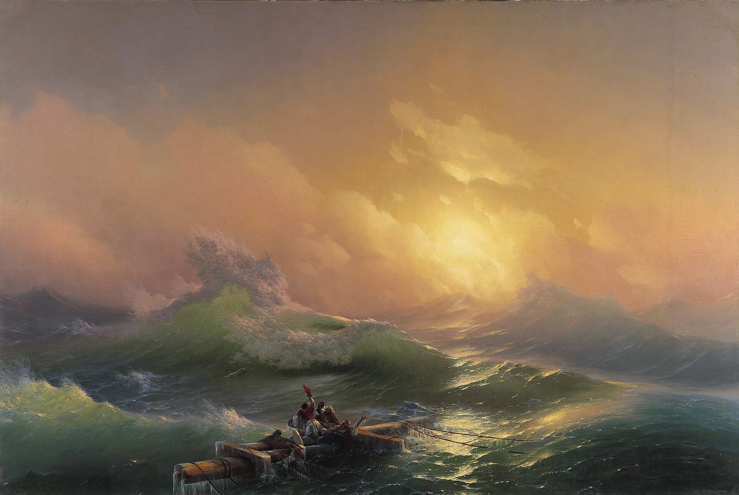 The Ninth Wave by Ivan Aivazovsky: survivors cling to a broken mast under a warm sunrise over a dark sea
