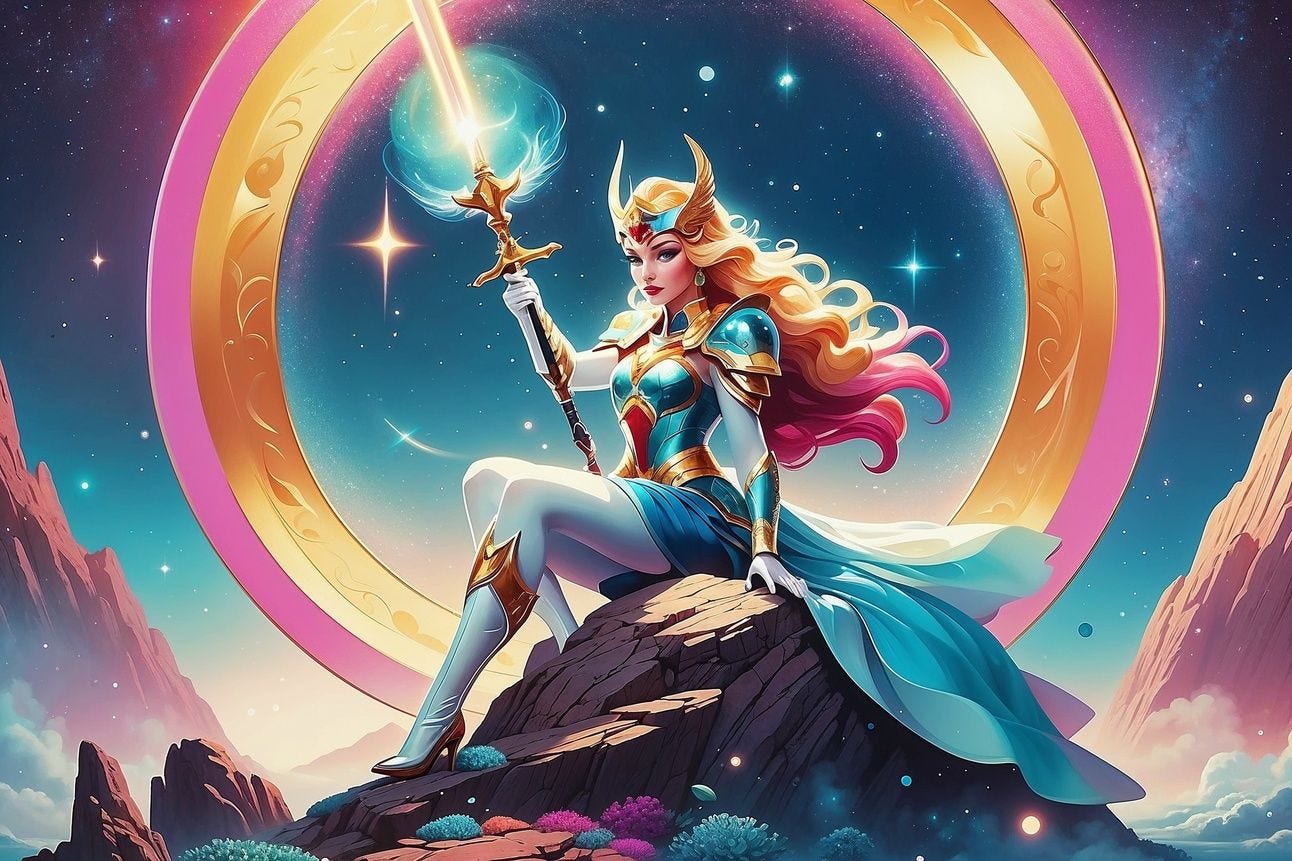 A strong female character sits atop a precipice her sword in hand