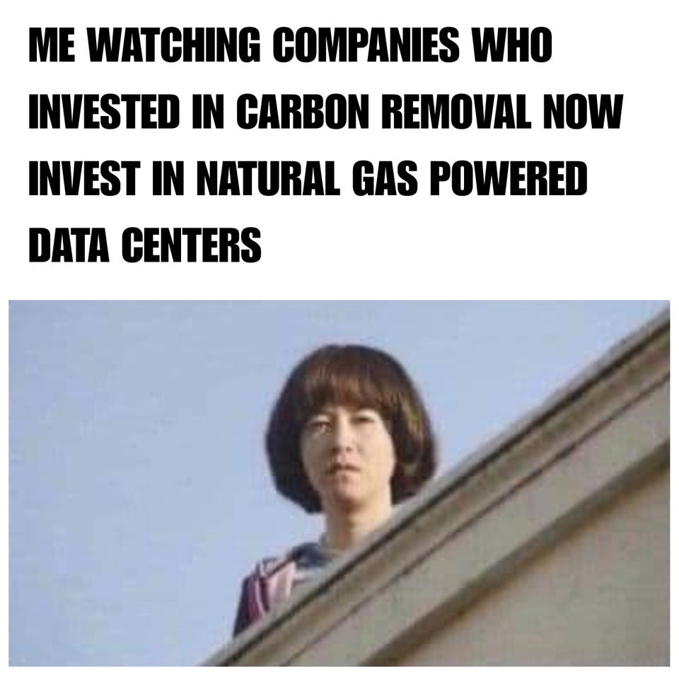 "Me watching companies who invested in carbon removal now invest in natural gas powered data centers" above a woman peering over the edge of a roof, watching silently.