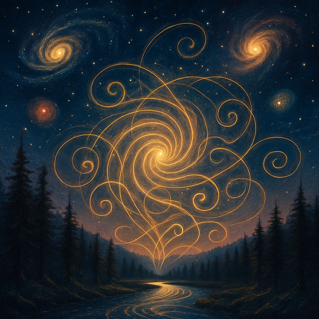 Golden spiral filaments swirl across a starry night above a pine valley, threading down into a glowing, winding river with distant galaxies.