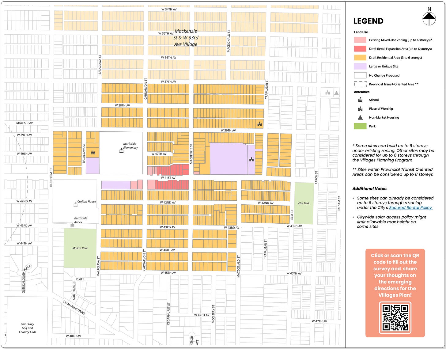 An example of a proposed land use change, this one at Mackenzie St & W 41st Ave. It shows an expansion of mixed-use and low-rise residential land use.