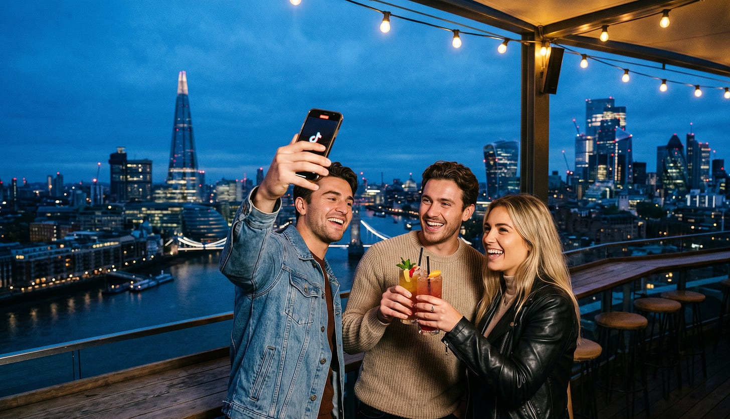 A close-up, warm-toned photograph of a diverse group of young adults clinking cocktails on a London rooftop during the "golden hour" sunset. A smartphone is visibly held high in the foreground, showing a TikTok interface recording the view. The deep indigo skyline features the illuminated Shard and the curve of the Thames, lit by warm string lights draped across the modern bar patio.
