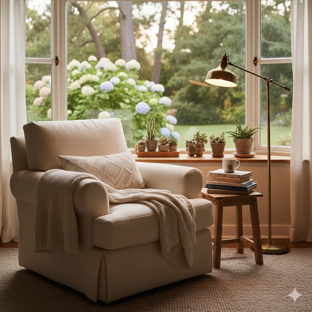 A plush, off-white armchair with a knit throw blanket sits in front of a large window. Next to it, a lit floor lamp stands beside a small stool holding a stack of books and a mug. The window looks out onto a lush green garden. A plush, off-white armchair with a knit throw blanket sits in front of a large window. Next to it, a lit floor lamp stands beside a small stool holding a stack of books and a mug. The window looks out onto a lush green garden.