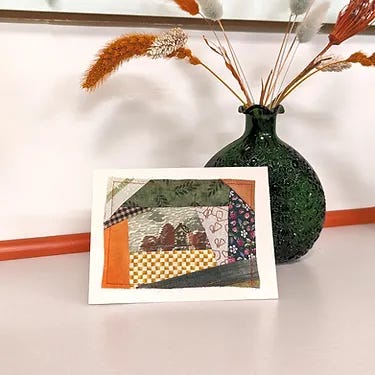 Fabric collage greeting cards and sewing on a serger at craft night