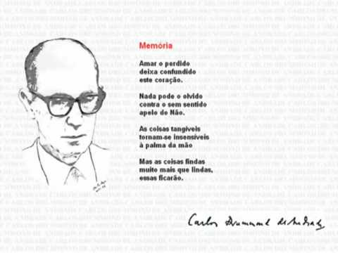 imagem em desenho do rosto de carlos drummond de andrade. ao lado, o poema memória. e na parte de baixo da figura, a assinatura real do autor.