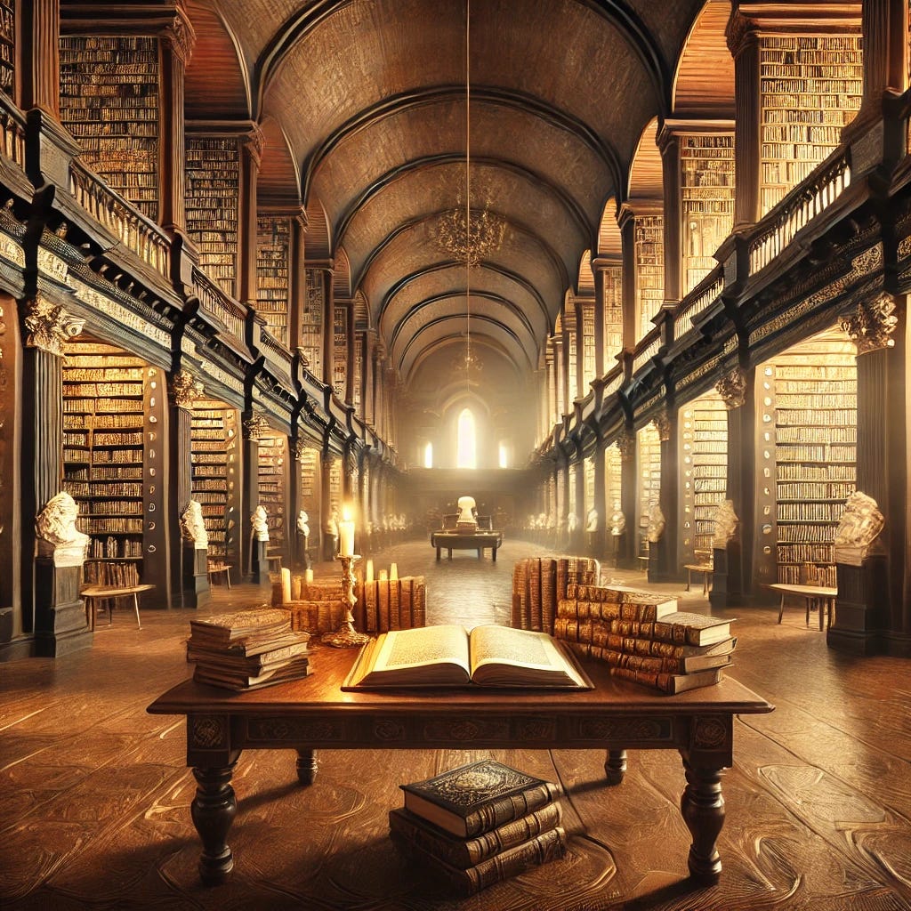 A grand, old library filled with towering bookshelves and ancient books. In the center, there's a large wooden table with a few open books, scrolls, and a lit candle. The warm, golden light from chandeliers creates a serene and timeless atmosphere.