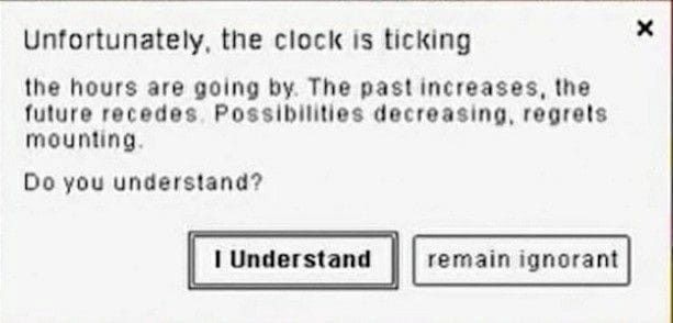 This may contain: a computer screen with an error message on the bottom right hand corner, which reads, i understand, the clock is ticking This may contain: a computer screen with an error message on the bottom right hand corner, which reads, i understand, the clock is ticking