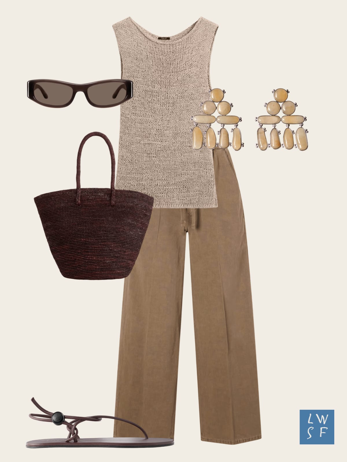Summer outfit idea: oatmeal marled knit tank top, taupe wide-leg linen trousers, dark cognac raffia tote bag, brown knotted flat sandals, olive tortoise sunglasses, stone and silver cluster earrings