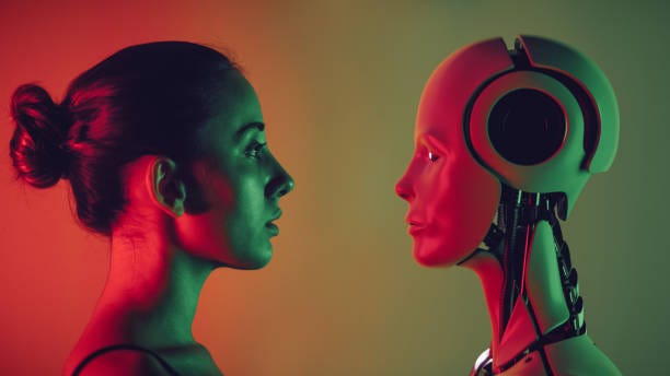 Human Vs Robot Robot and young woman face to face. AI and robotics healthcare companion stock pictures, royalty-free photos & images