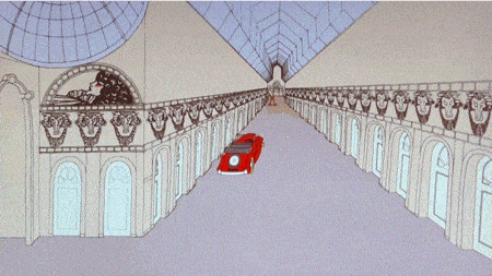 A looping animated gif of about two and half seconds of the 1968 animated Beatles movie Yellow Submarine where a bunch of wild cartoon characters run back and forth through a hallway of many white doors. Characters include a shooting star, a wheel of feet, a duck, a ship, a monster holding a heart, a superhero, a man holding barbells, and a rainbow snail. Gif made painstakingly by me, ilyse iris. 