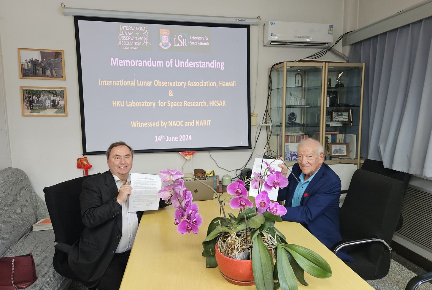 Professor Quentin Parker (left) and International Lunar Observatory Association Founder Steve Durst (right) at the June 2024 Memorandum of Understanding signing for the ILO-C instrument in Beijing. Professor Quentin Parker (left) and International Lunar Observatory Association Founder Steve Durst (right) at the June 2024 Memorandum of Understanding signing for the ILO-C instrument in Beijing.