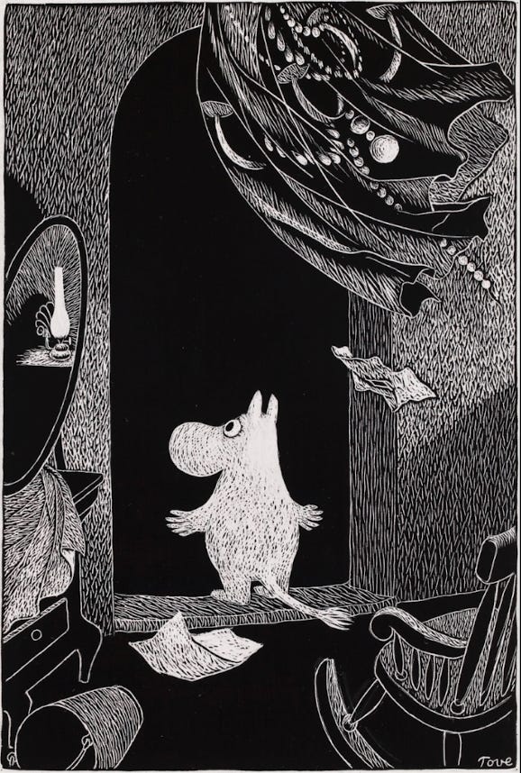 A black and white etching of a Moomin troll standing in a dark doorway while wind pulls the curtains and sends papers flying around the room. A black and white etching of a Moomin troll standing in a dark doorway while wind pulls the curtains and sends papers flying around the room.