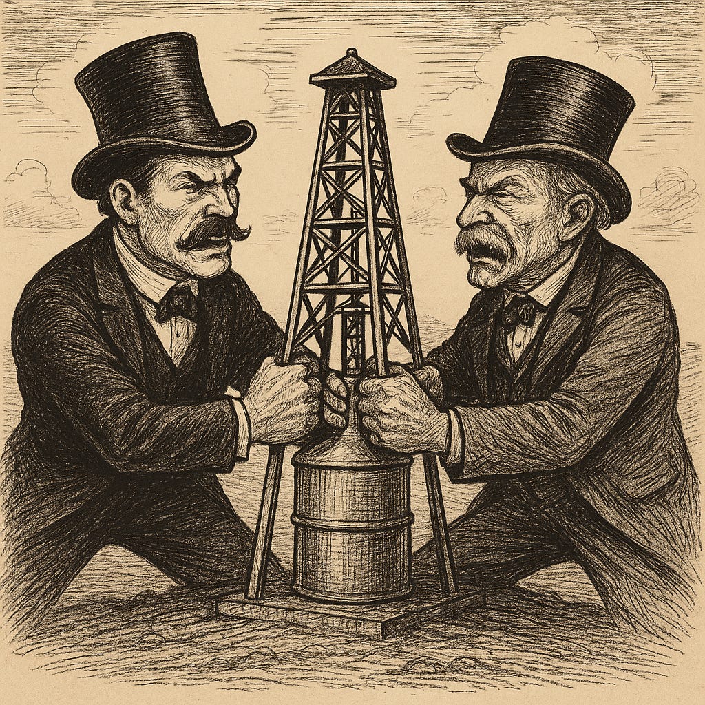Ilustração em estilo vintage mostrando dois homens de cartola e bigode, ajoelhados frente a frente, segurando com força uma torre de petróleo entre eles. Ambos têm expressões de raiva e estão em disputa direta pelo controle da estrutura, simbolizando conflito por poder ou recursos naturais.