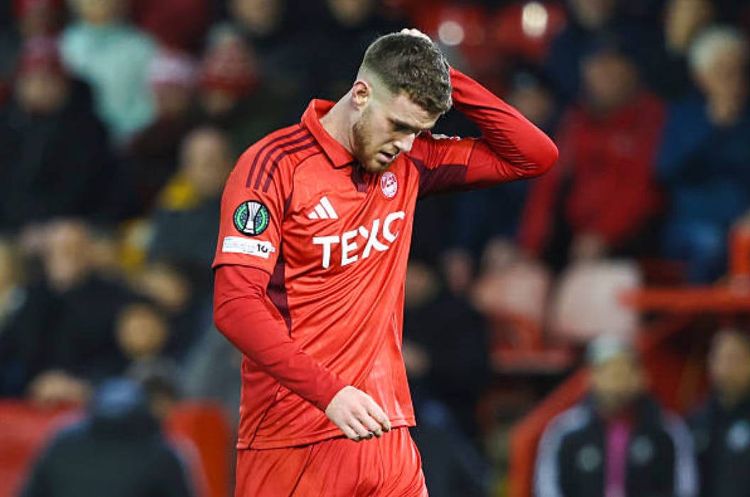 Aberdeen's Alfie Dorrington looks dejected during a UEFA Conference League 2025/26 League Phase MD5 match between Aberdeen and RC Strasbourg at Pittodrie Stadium, on December 11, 2025, in Aberdeen, Scotland. (Photo by Ross MacDonald/SNS Group via Getty Images) Aberdeen's Alfie Dorrington looks dejected during a UEFA Conference League 2025/26 League Phase MD5 match between Aberdeen and RC Strasbourg at Pittodrie Stadium, on December 11, 2025, in Aberdeen, Scotland. (Photo by Ross MacDonald/SNS Group via Getty Images)
