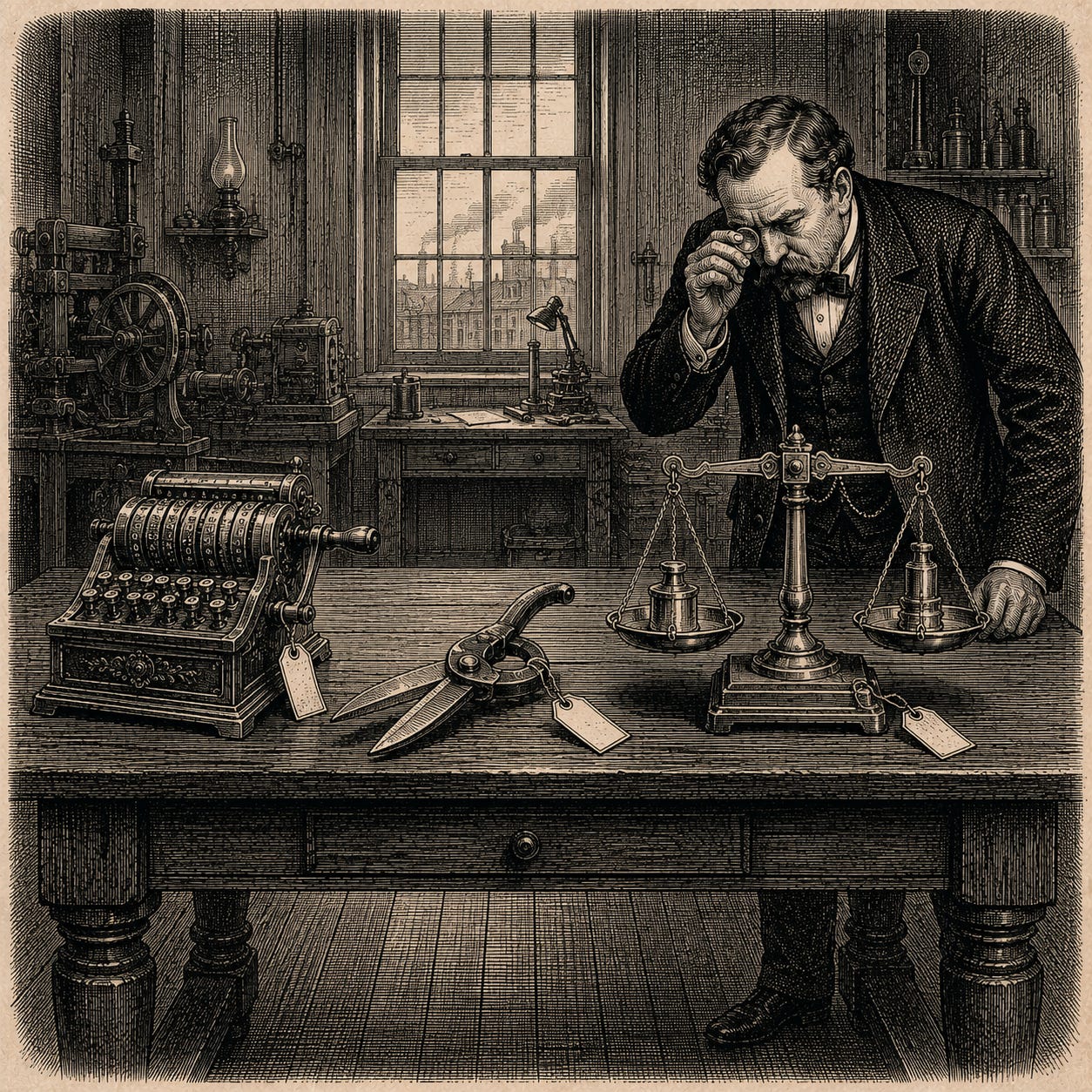 Wood-engraving editorial illustration in the Thomas Nast Harper's Weekly style for Attention Capital's essay The Capital Side of the Canary. Three financial instruments rest on a machinist's workbench: an ornate hand-cranked adding machine, a heavy pair of iron shears with a bent handle, and a precisely calibrated brass balance-beam level and true. A standing appraiser leans over the balance to examine its precision. The image argues the instrument honesty audit: venture fits zero-to-one bets, equity priced for control of cash-flowing operators is a soul-tax, and properly structured credit is the instrument that lets a business stay a business. Keywords: instrument honesty, venture capital, extractive equity, structured credit, credit underwriting. Wood-engraving editorial illustration in the Thomas Nast Harper's Weekly style for Attention Capital's essay The Capital Side of the Canary. Three financial instruments rest on a machinist's workbench: an ornate hand-cranked adding machine, a heavy pair of iron shears with a bent handle, and a precisely calibrated brass balance-beam level and true. A standing appraiser leans over the balance to examine its precision. The image argues the instrument honesty audit: venture fits zero-to-one bets, equity priced for control of cash-flowing operators is a soul-tax, and properly structured credit is the instrument that lets a business stay a business. Keywords: instrument honesty, venture capital, extractive equity, structured credit, credit underwriting.