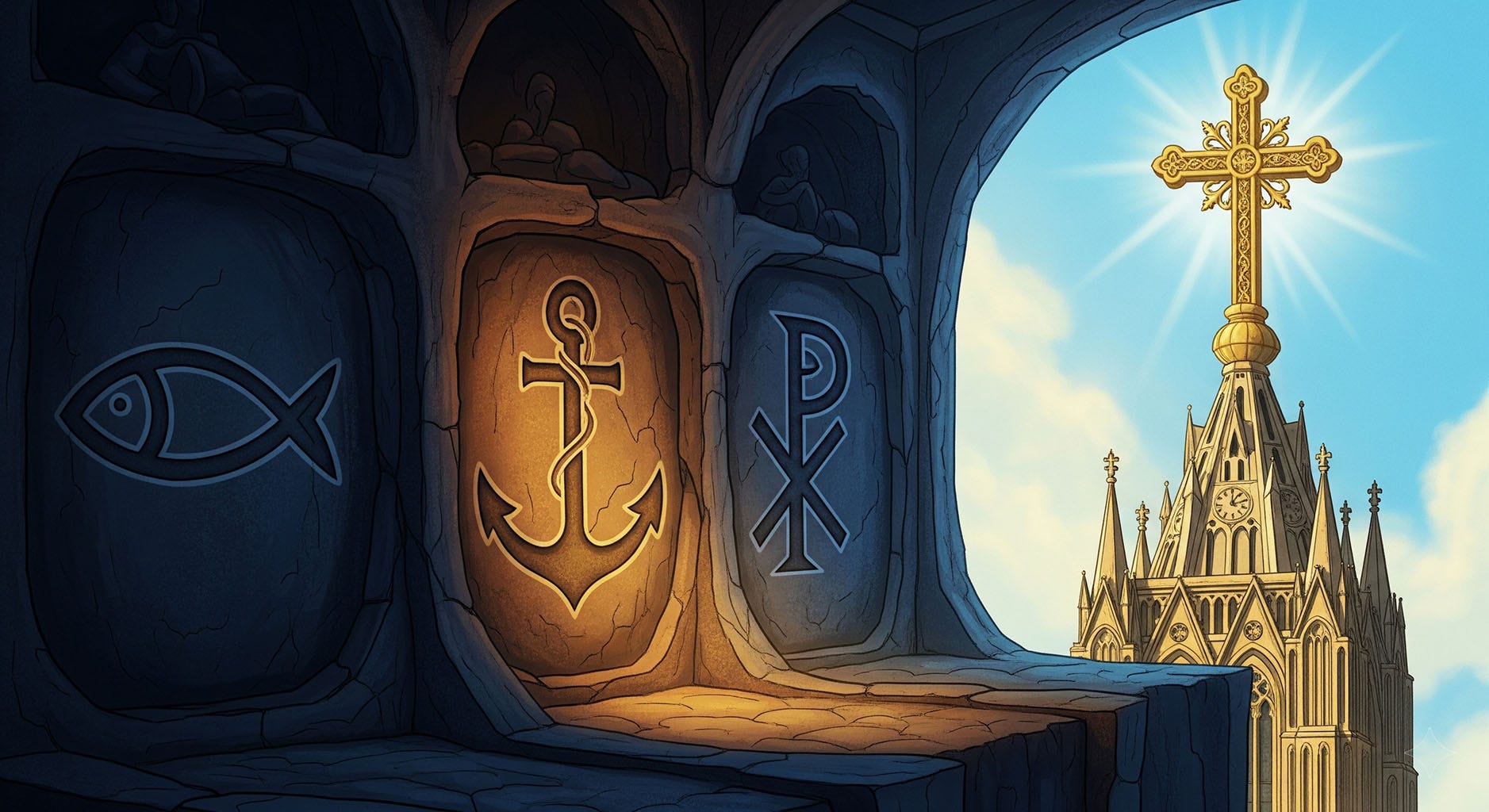 Ancient fish and anchor symbols beside a golden Christian cross.