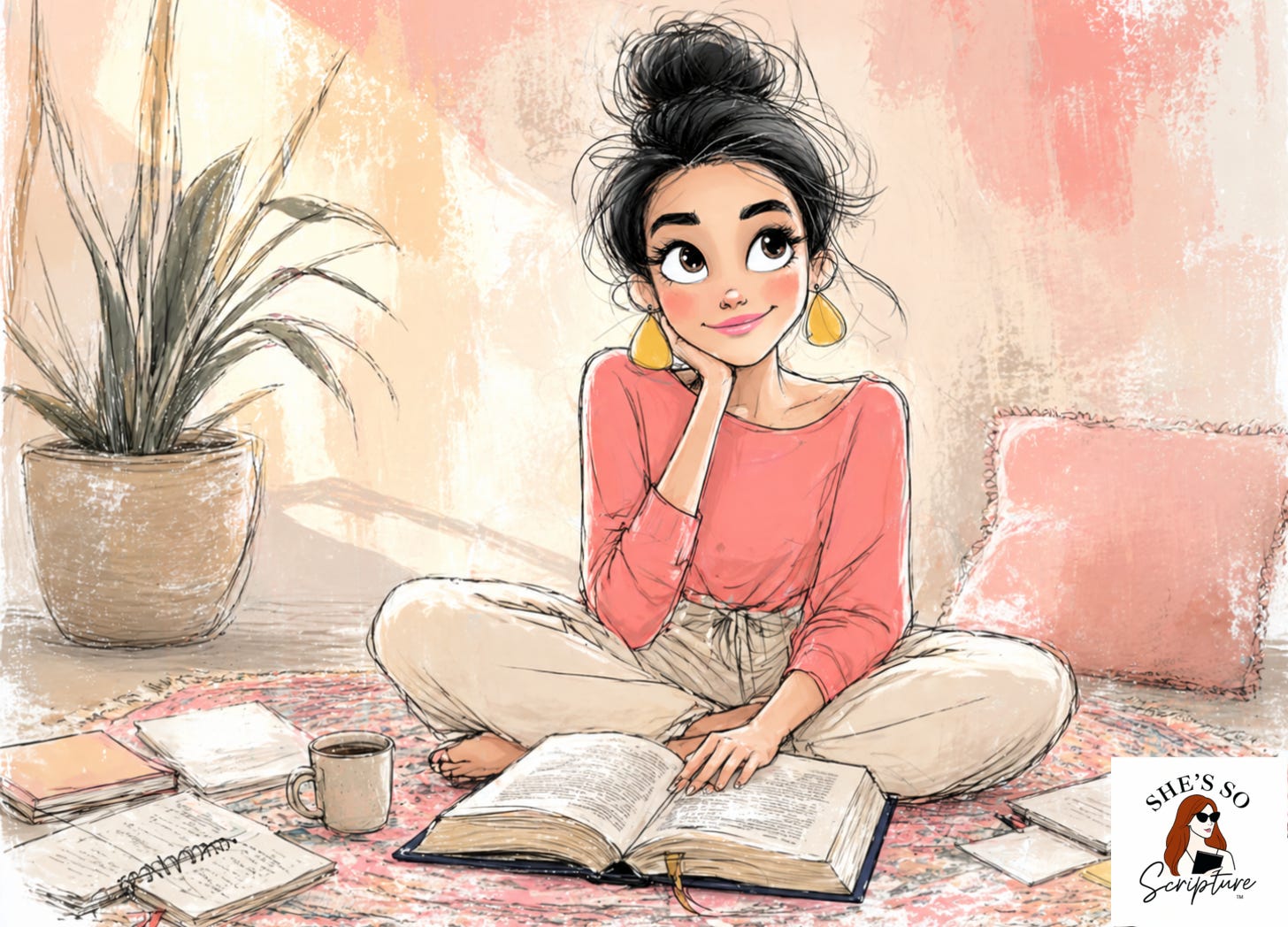Whimsical illustration of a woman studying an open Hebrew Bible surrounded by handwritten notes, soft afternoon light, blush pink and cream watercolor tones.