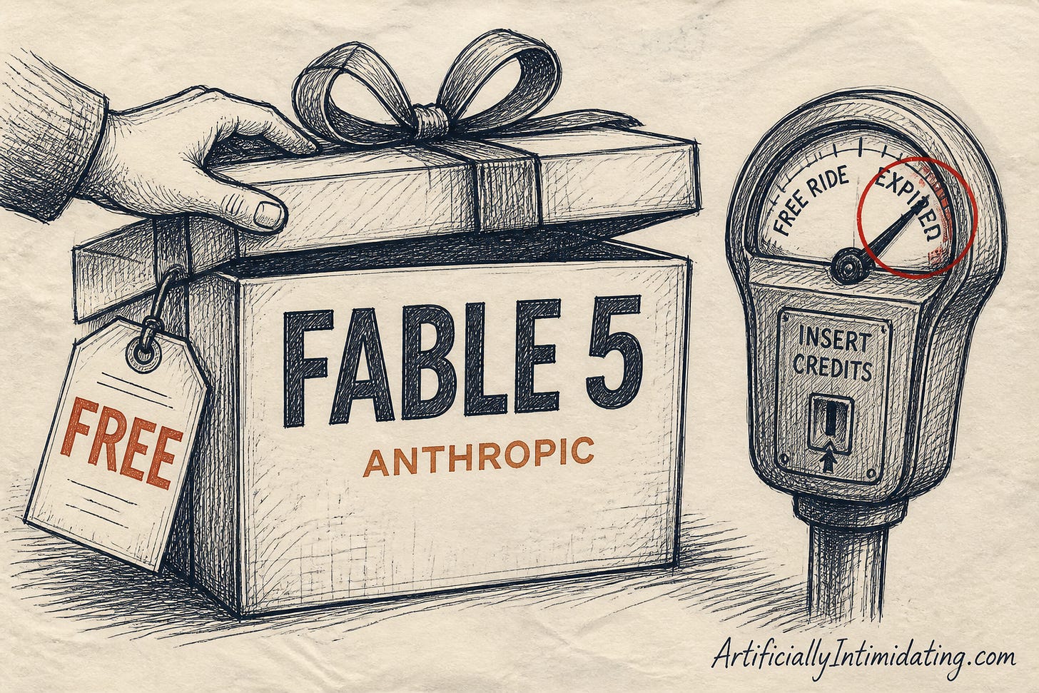 A gift box labeled FABLE 5 by Anthropic with a FREE tag beside a parking meter whose needle points to EXPIRED A gift box labeled FABLE 5 by Anthropic with a FREE tag beside a parking meter whose needle points to EXPIRED