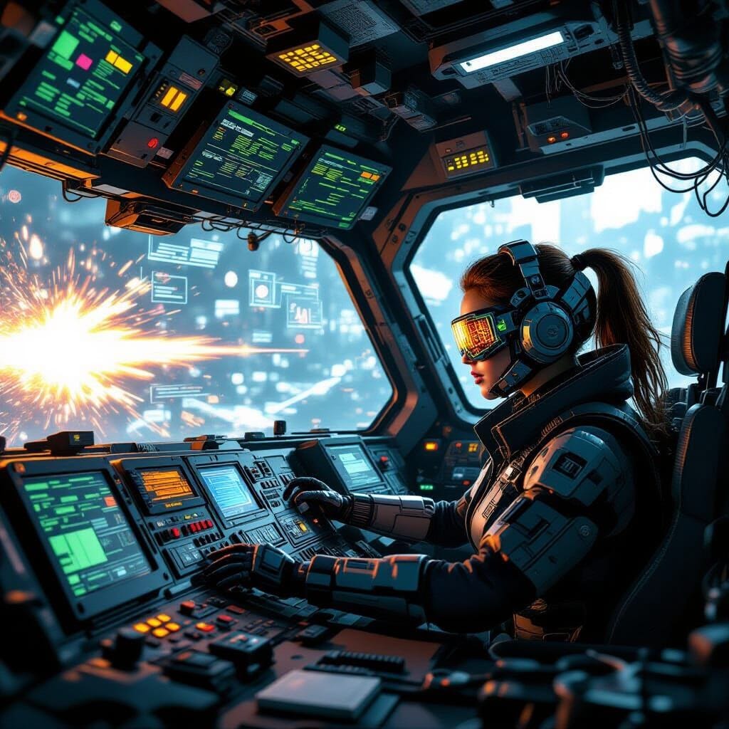 A chaotic but beautiful interior of a futuristic mech cockpit. A female pilot with cybernetic goggles is surrounded by h...