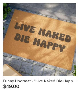 Six product images from the Planet Nude Etsy store: a doormat that reads “Live Naked Die Happy,” a mint green t-shirt with a stylized chest and the words “Nipples are Normal,” a sticker showing two nude figures by a lake with the text “Skinny Dipping Is for ANY Body,” a gray dad hat with a pink-and-purple Planet Nude logo patch, the book Nakedness with a sunburst orange cover, and a set of two purple pickleball paddles that say “Play Naked,” shown with yellow balls.