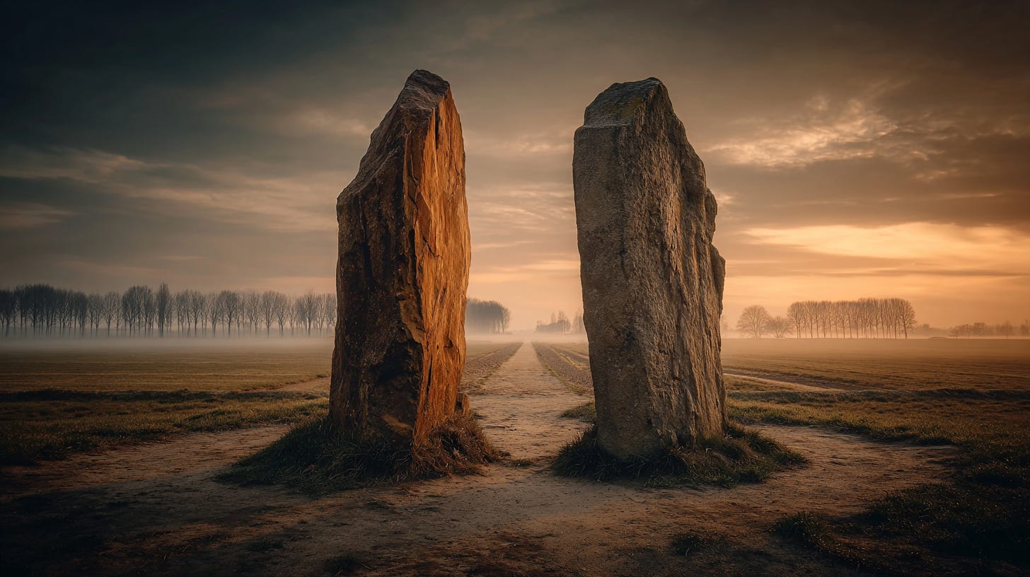 Two nearly identical weathered standing stones side by side on bare ground Two nearly identical weathered standing stones side by side on bare ground
