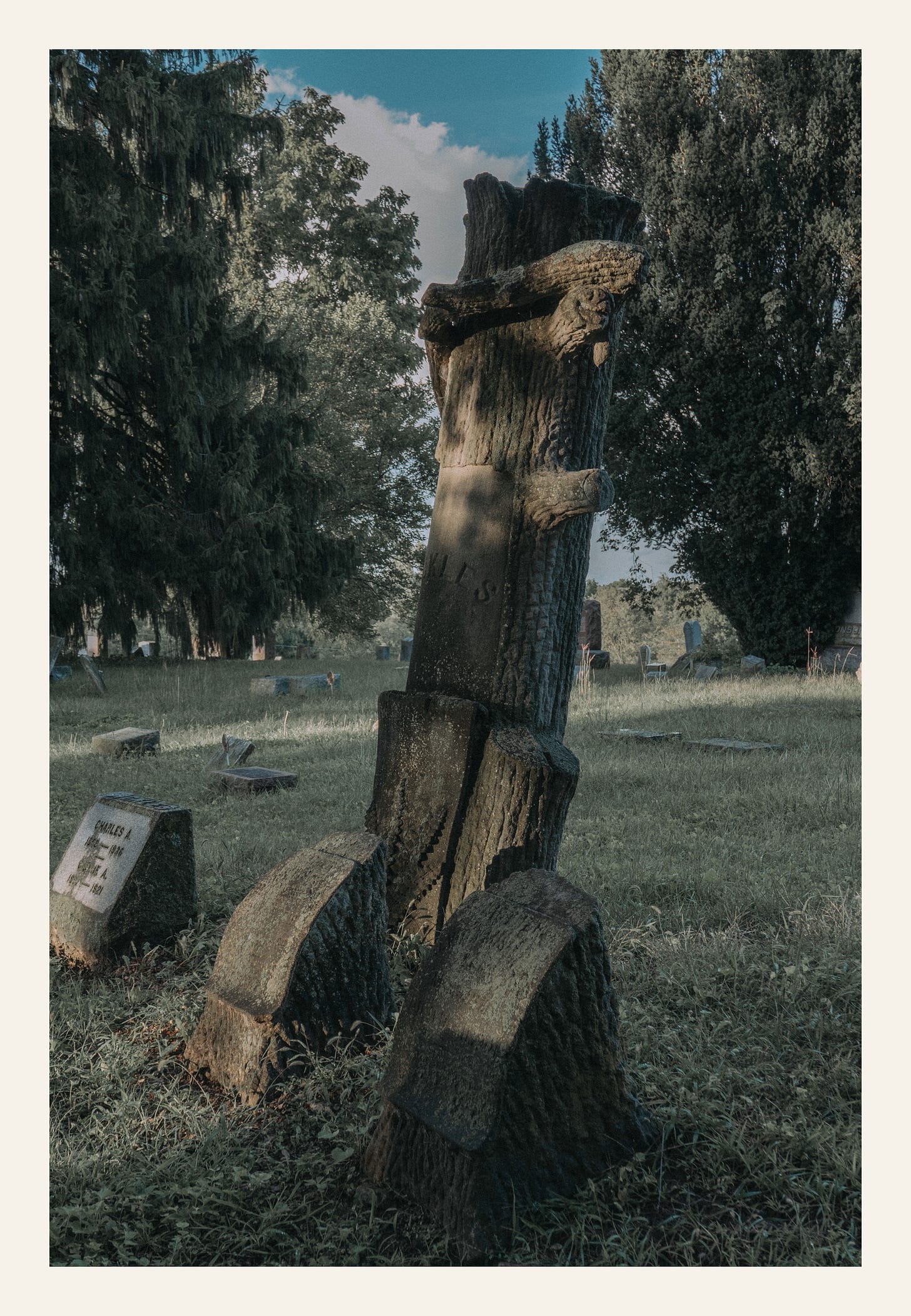 Tree shaped gravestone marker Lovejoy Cemetery Durand Michigan Victorian era broken branches symbol
