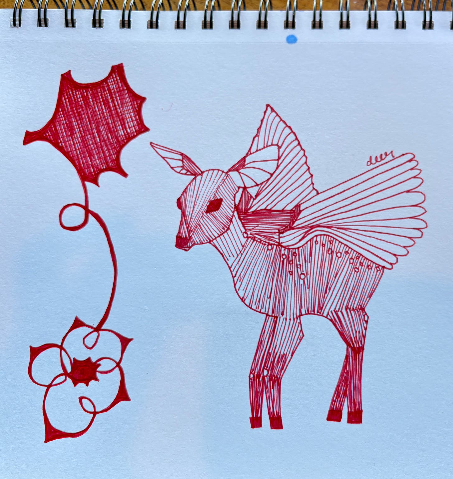 A red pen and ink drawing of a deer with wings and an upsidedown flower