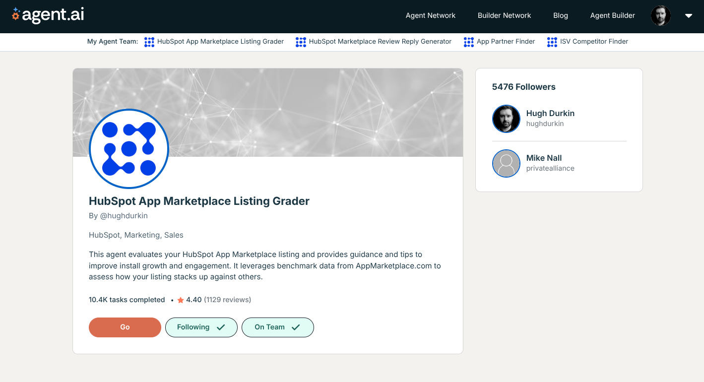 Screenshot of HubSpot App Marketplace Listing Grader on Agent.ai